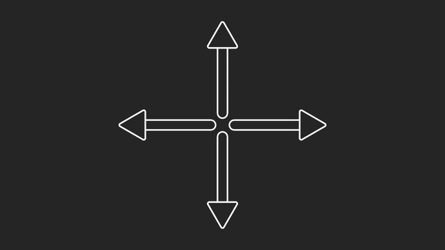 Dynamic directional arrow icon animation. multi-directional movement animation. Expand, resize, or repositioning control animation. Element isolated on black background. Looping video