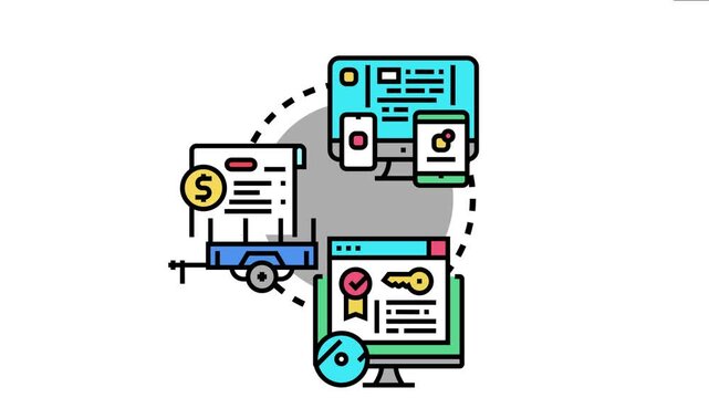 Digital licensing process confirming access to various content forms across devices. Including financial transactions and data security. Symbolizing agreement. Permission