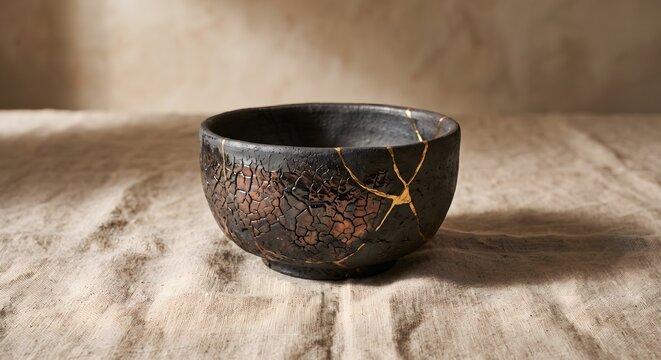 Modern raku ceramic bowl with subtle gold kintsugi seams on linen background