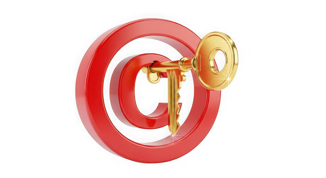 Red copyright symbol with a golden key representing intellectual property isolated on transparent background
