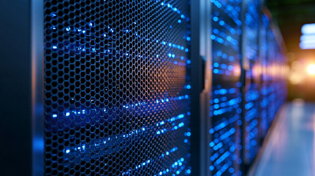 Close up view of a metal ventilation grille on a modern server rack cabinet, fine perforated steel texture, efficient airflow for cooling high performance computing equipment, clean professional dat