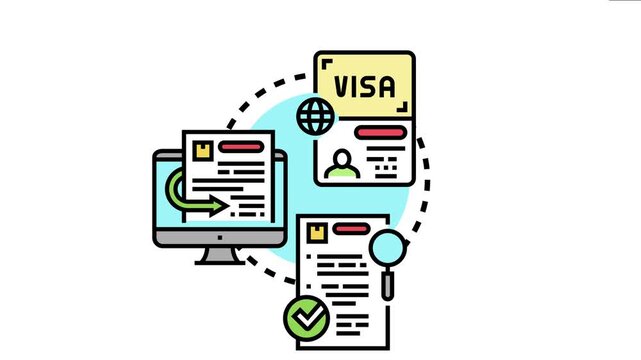 Digital process showing a visa travel document, online application on a computer screen, and an approved document with a magnifying glass for detailed review