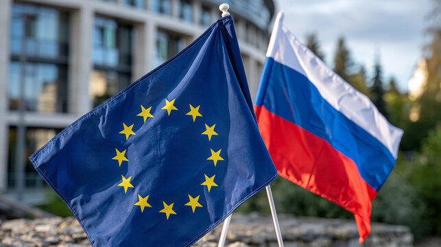 European Union and Russian flags positioned together with a modern government building softly blurred in the background, detailed textile texture, overcast daylight, geopolitical diplomacy concept, 