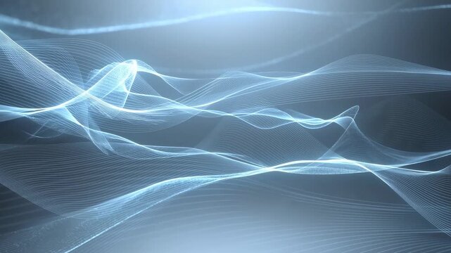 Blue-white luminous wave ribbons and fine curved lines drift across a dark gradient digital field. Technology presentation, website header design, and title sequences.