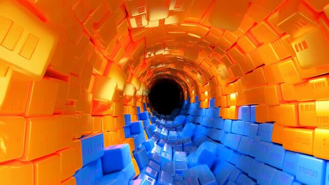 Colorful geometric blocks form a three-dimensional tunnel in abstract digital space. Event projection, technology presentation, and title sequence.