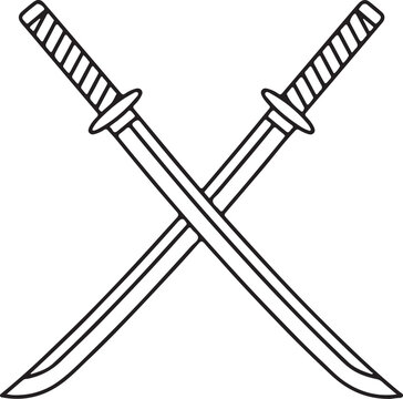 Crossed Katana Swords Line Art Icon Isolated Samurai Weapon Illustration For Martial Arts Logo Design