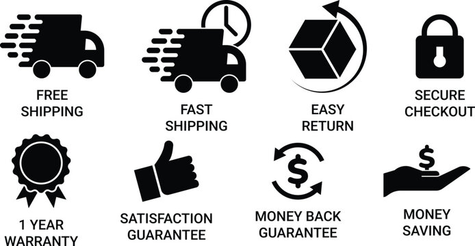 E-Commerce Trust Badge Icon Set Including Free Shipping Secure Checkout Warranty and Money Back and Money Saving Guarantee. Isolated Vector Illustration on White Background
