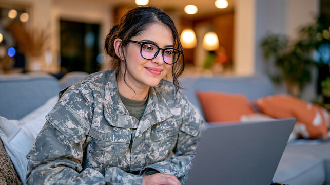 Side profile of a female soldier in camouflage using a laptop at home, comfortable sofa and warm interior decor behind her, natural evening light, focused expression, digital communication and remot