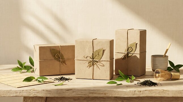 Natural green tea gift boxes wrapped in eco friendly brown paper on a rustic wooden table. Japanese green tea boxes 
