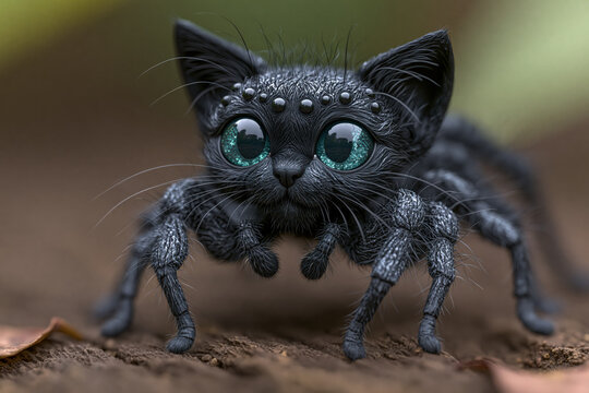 animal art, cat spider hybrid, black fur and turquoise eyes, raised front legs on bark, cute, sweet, photorealistic
