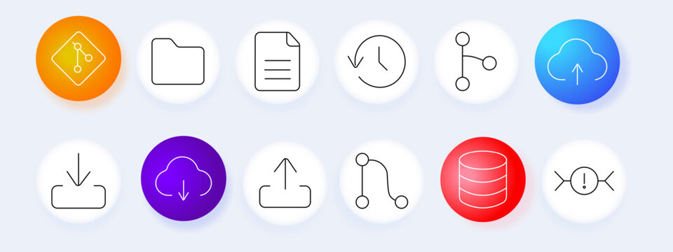 Version Control set icon. Branch diamond, folder archive, document page, clock cycle, share nodes, cloud upload, download arrow, cloud download, upload arrow, path curve, database cylinder, error