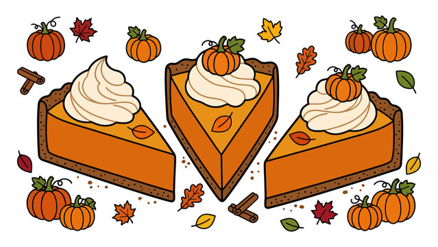 Autumn pumpkin pie slices with whipped cream vector food illustration