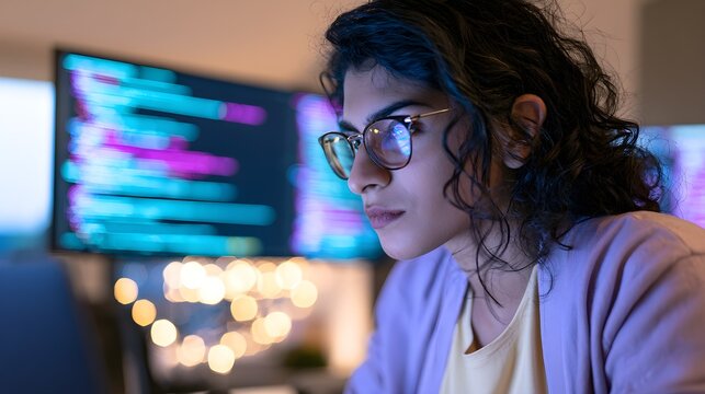 Focused female software developer working late at night while analyzing complex computer code on large glowing monitors in dark office