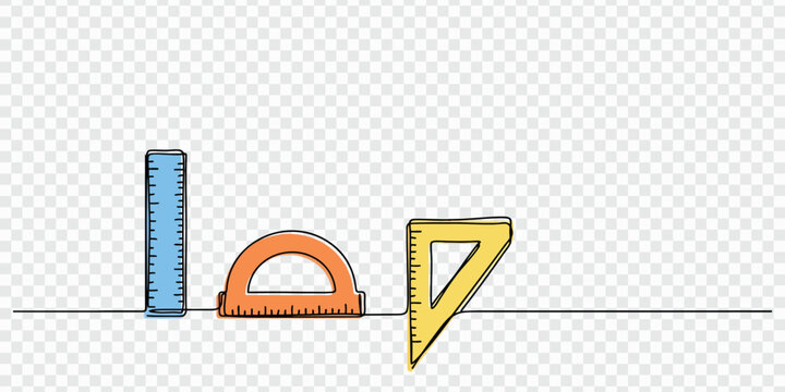 Set of colorful school math geometry drawing tools including a straight ruler a protractor and a triangle square for students studying geometry and engineering in a simple doodle style