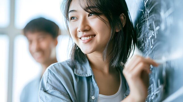 Smiling young woman writes complex mathematical equations on a dark chalkboard in a bright classroom with her blurred classmate nearby