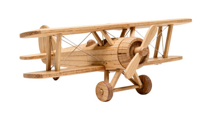 Wooden biplane toy with propeller and wheels, isolated on transparent background © Petra