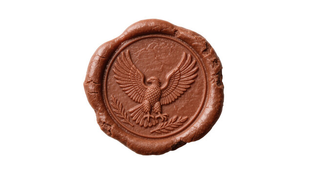 Brown wax seal with eagle emblem and laurel branches, isolated on transparent background