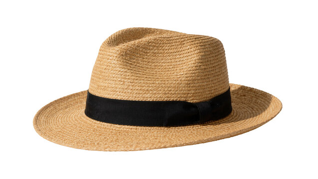 Woven straw fedora hat with black ribbon band, isolated on transparent background