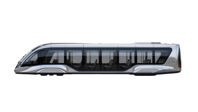 Futuristic silver monorail train with tinted windows and seats, isolated on transparent background
