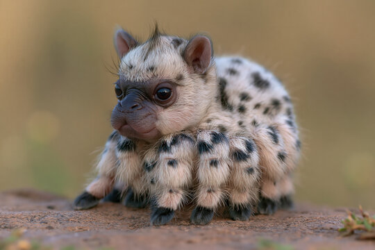 animal art, hippo spider hybrid, white fur with black spots, pointed ears, sandy ground, photorealistic