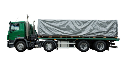 Fototapeta premium Green semi-truck with tarp-covered cargo, isolated on transparent background