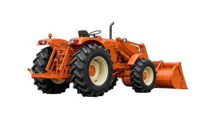 Fototapeta premium Orange tractor with front loader and large tires, isolated on transparent background