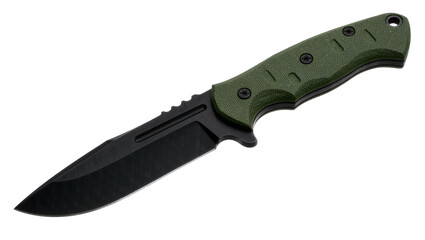 Fototapeta premium Tactical combat knife with black blade and green grip, isolated on transparent background