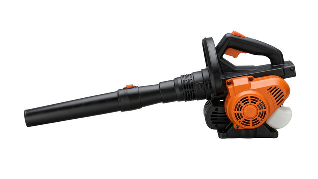 Orange and black leaf blower with ergonomic handle, isolated on transparent background