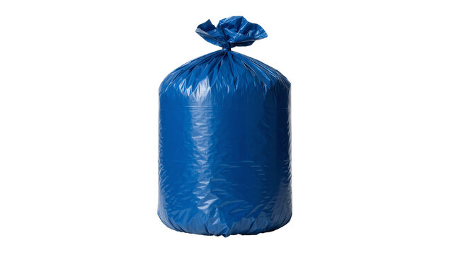 Full blue garbage bag tied at the top, isolated on transparent background