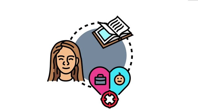 Woman setting her personal life mottos and core values, balancing career aspirations, family priorities, and individual learning pathways in an outline icon concept