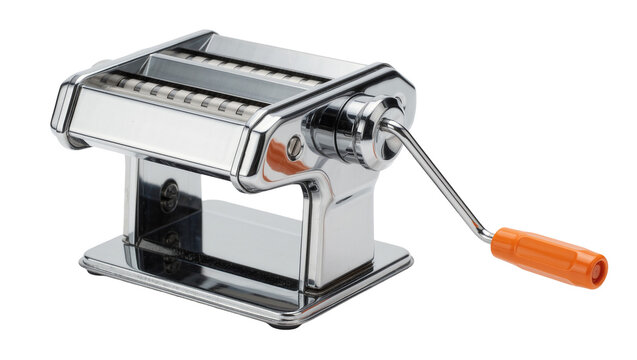 Shiny chrome pasta maker with orange handle, isolated on transparent background