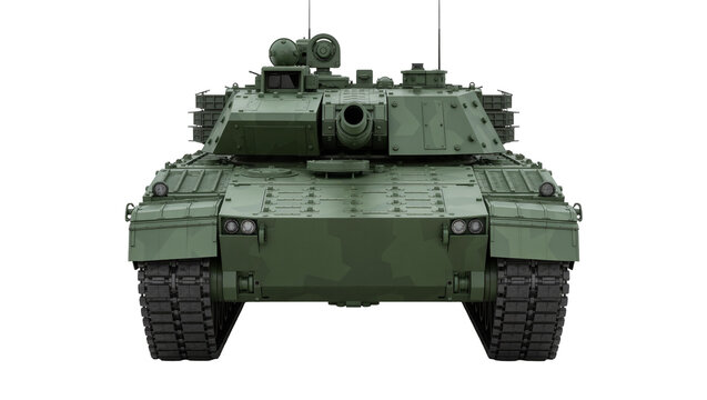 Green military tank with camouflage pattern, isolated on transparent background