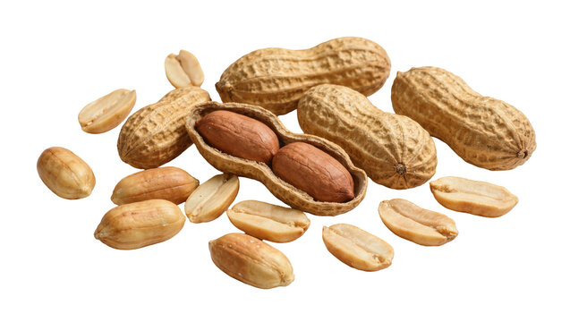 Unshelled and shelled peanuts some split open, isolated on transparent background