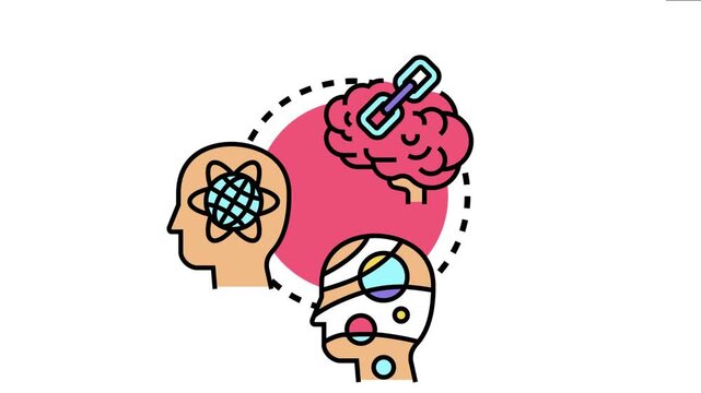 Life philosophy mind thinking process linking knowledge for personal development and self growth concept, showing heads with a brain connected by a chain representing intellect and understanding