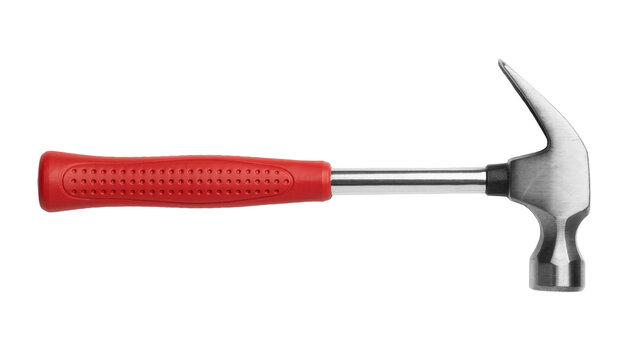 Red handled claw hammer with metal shaft, isolated on transparent background