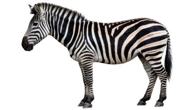 Striped zebra standing profile, isolated on transparent background