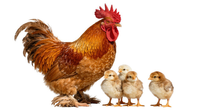 Brown rooster standing with four fluffy chicks, isolated on transparent background