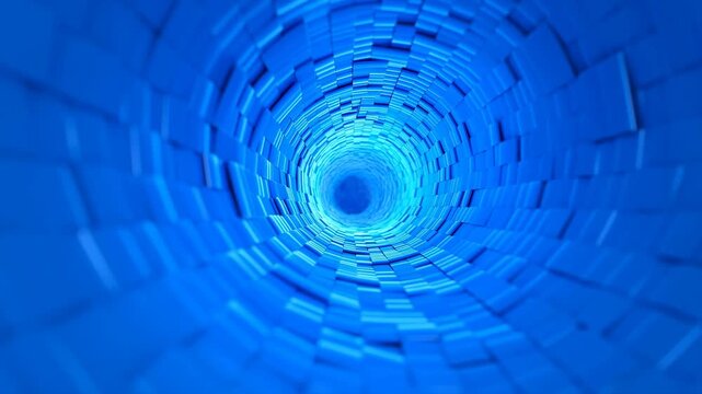 Blue geometric tiles rotate inward through a futuristic digital tunnel. Technology presentation, digital title sequence, and science media.
