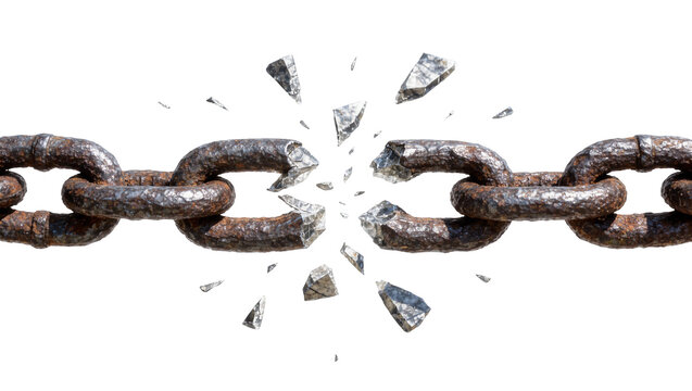 Rusty metal chain links breaking apart scattering fragments, isolated on transparent background