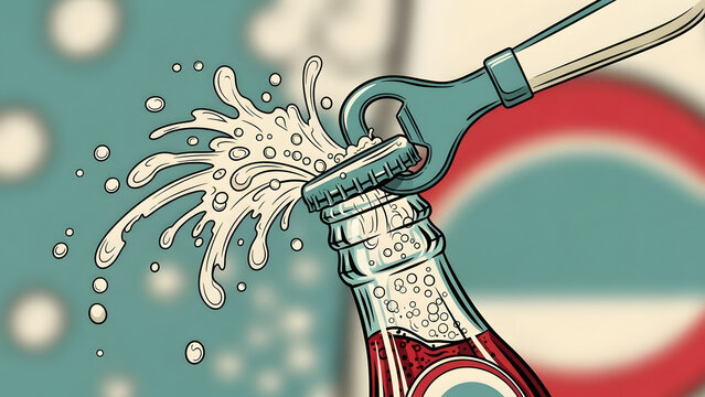 A bottle opener uncaps a soda bottle, causing a fizzy splash of liquid to erupt.