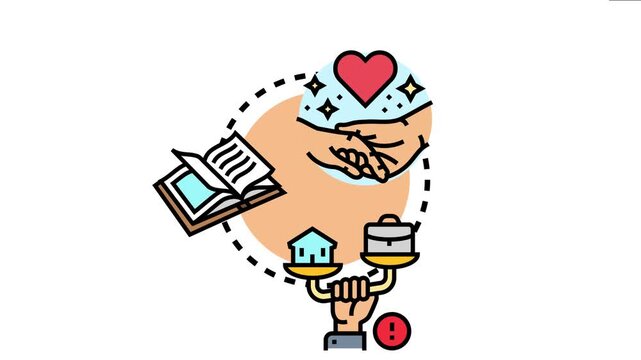 Graphic concept showing hands cradling a heart, representing care and dreams, while a hand holds a scale balancing home and work, symbolizing important life decisions and prioritization