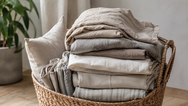 Folded neutral linen bedding and throws arranged in a woven wicker basket for cozy, natural home decor