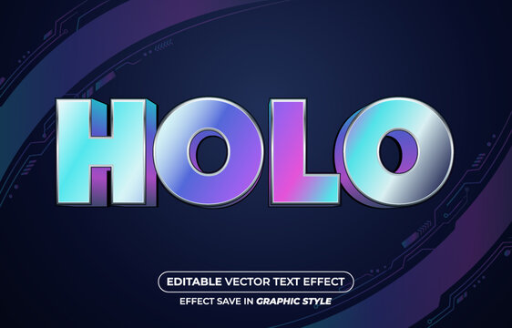 Editable holographic 3D HOLO text effect with cyan magenta gradient lettering and HUD cyber tech frame on dark background.