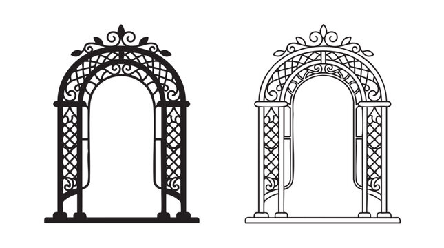 elegant garden arch trellis icon design black silhouette black silhouette with line art vector pair icon