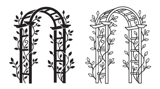 elegant garden pergola vector pair icon black silhouette black silhouette with line art vector pair icon