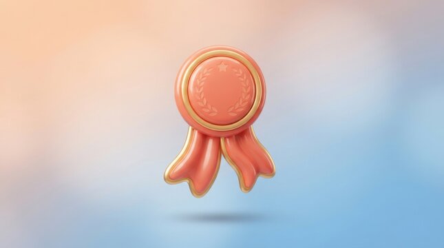 Coral pink award ribbon medal 3d icon with gold trim and star detail on soft gradient blue background