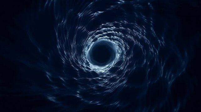Abstract water vortex swirls inward through a dark blue fluid field. Science presentation, technology intro, and mystery sequence.