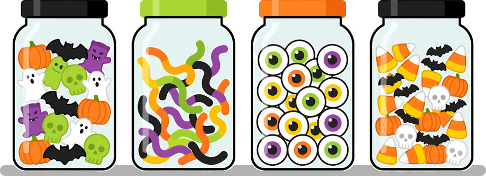 Halloween candy jars filled with spooky treats vector