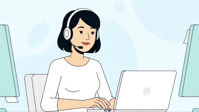 Customer Support Animation: Female Agent with Headset Working on Laptop in Call Center