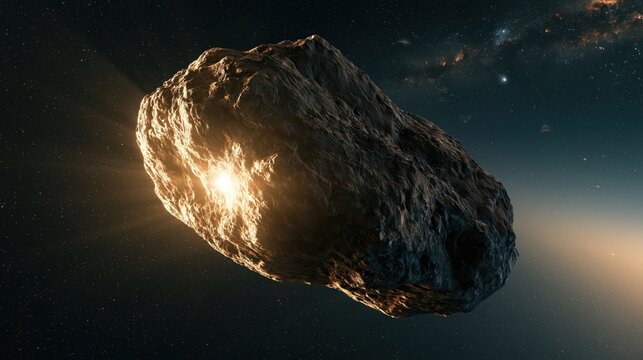 Large asteroid floating in deep space with sunlight illuminating rocky surface
